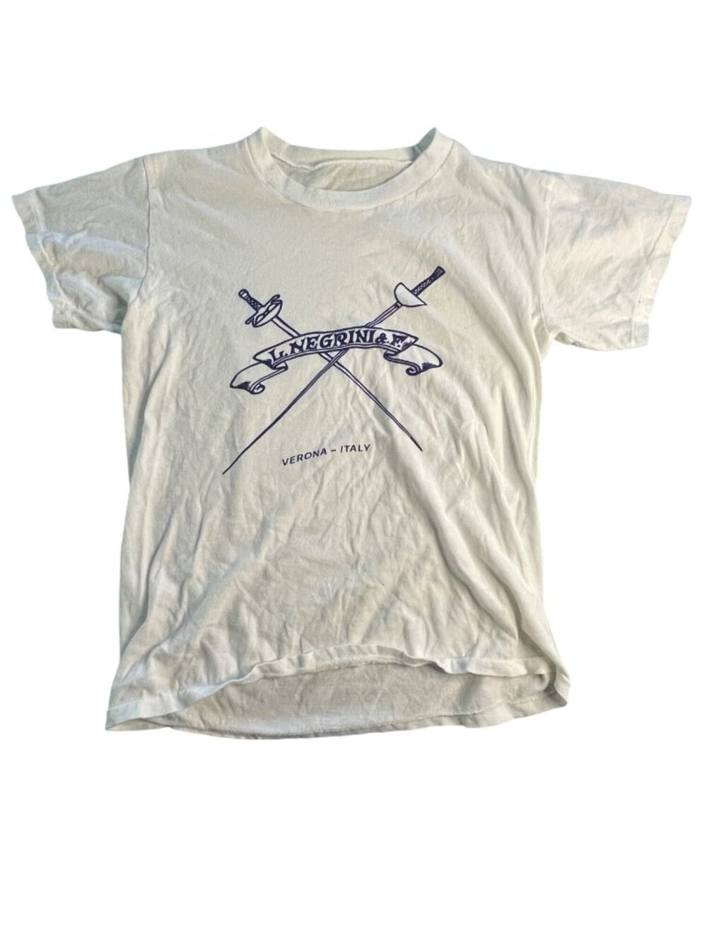 Vintage L. Negrini & F. Verona Italy Fencing Graphic T-Shirt White Short Sleeve
